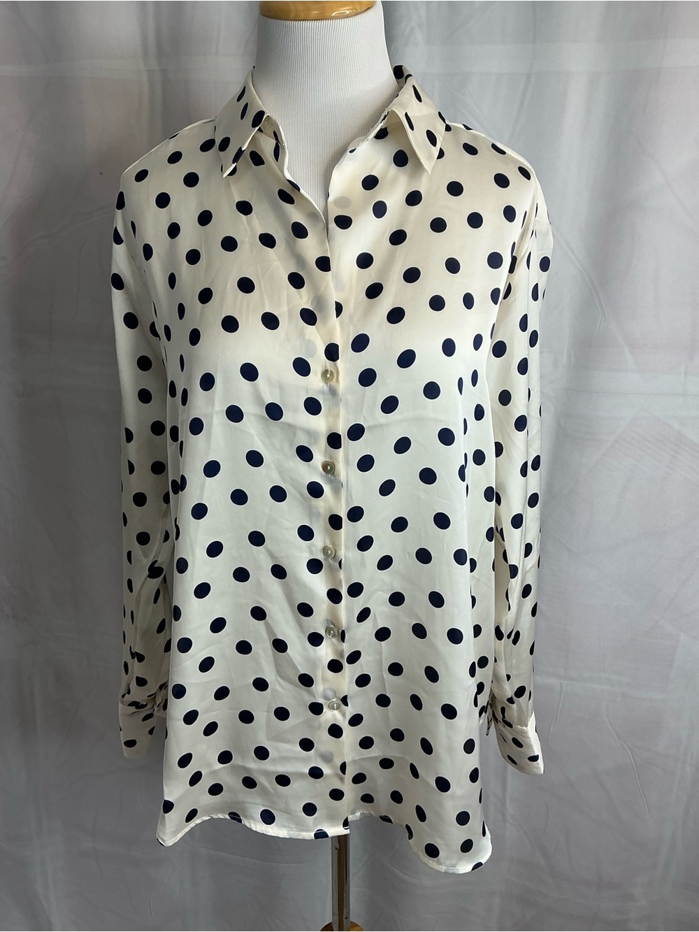 2324 - Tamara H. Classic Navy & Cream Polka Dot Button-Down Blouse, Size Medium